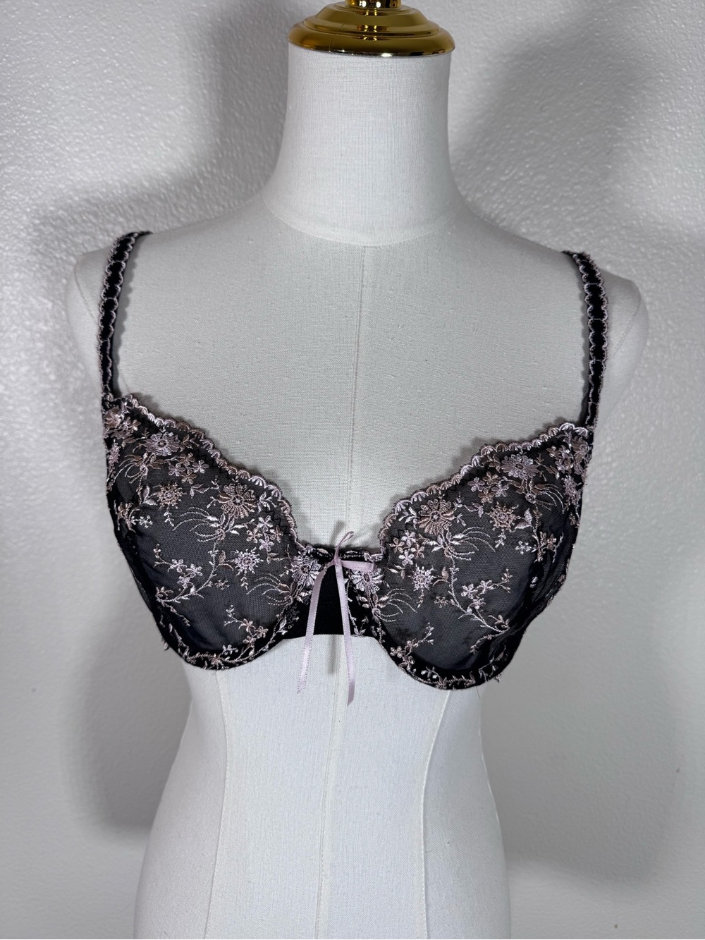 Sheer Black Lace Underwire Bra with Pink Embroidery